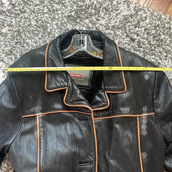 Black with Tan Trim Long Leather Jacket - Picture 12 of 14